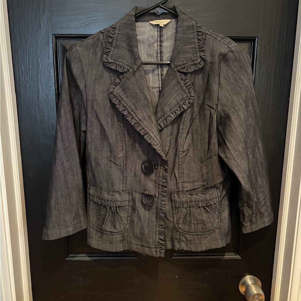 Black Suit Jacket with Notched Lapel and Textured Fabric